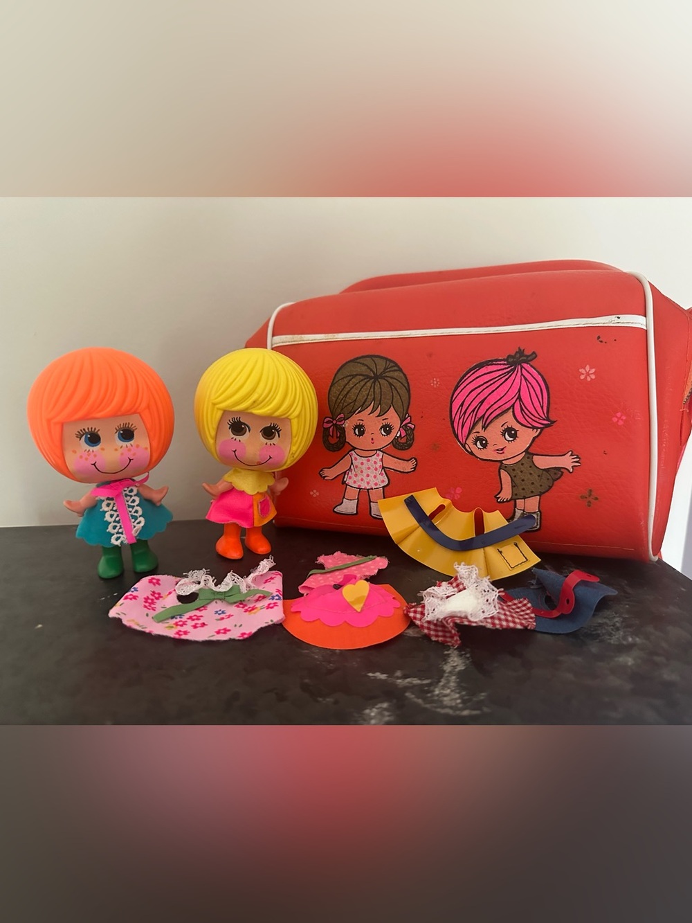 1971 Mattel Talk-Ups dolls Dressy & Silly outfits carry bag vintage collectibles